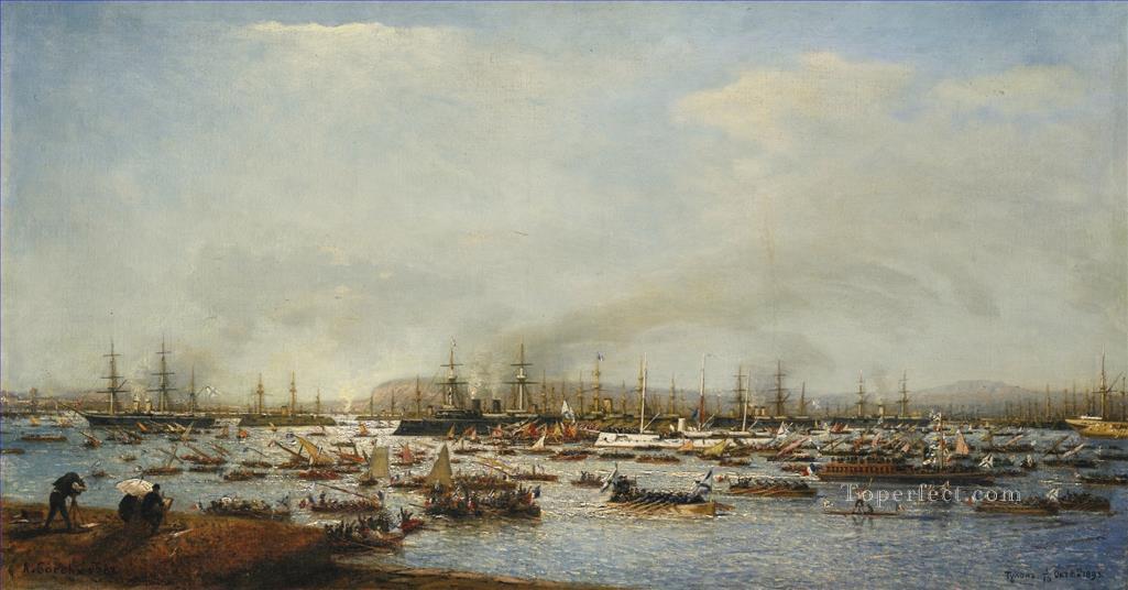 ENTRANCE OF RUSSIAN FLEET INTO TOULON HARBOUR Alexey Bogolyubov boats dockscape Oil Paintings